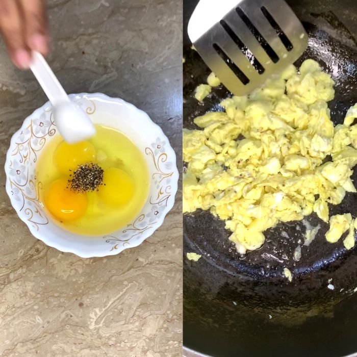 Scrambling the eggs for egg fried rice